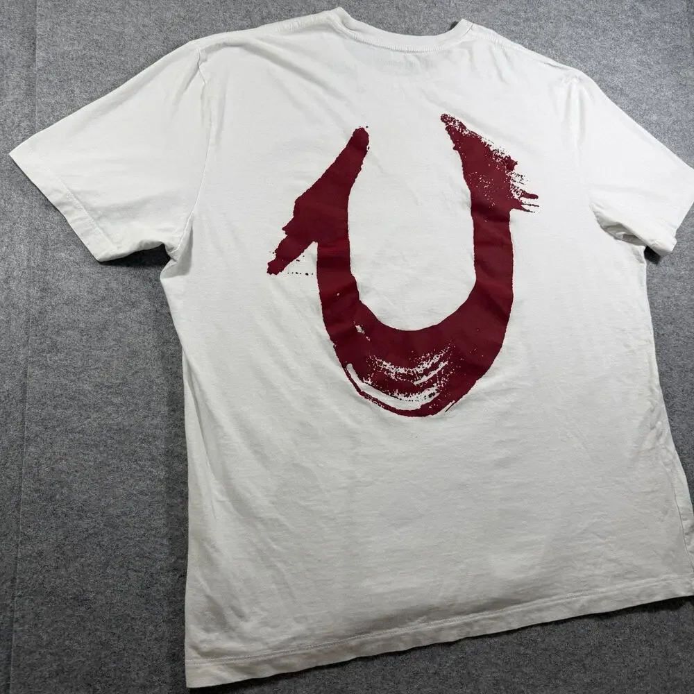 True Religion T Shirt Mens 3XL White Red Horseshoe Paint Logo Relaxed Fit Street